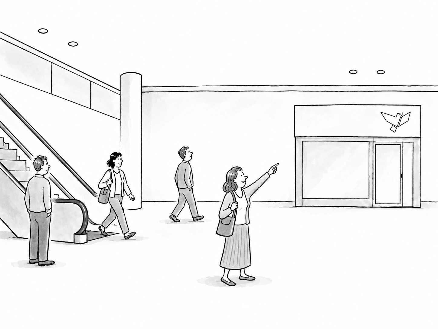Black-and-white illustration of people walking toward a Merulan storefront